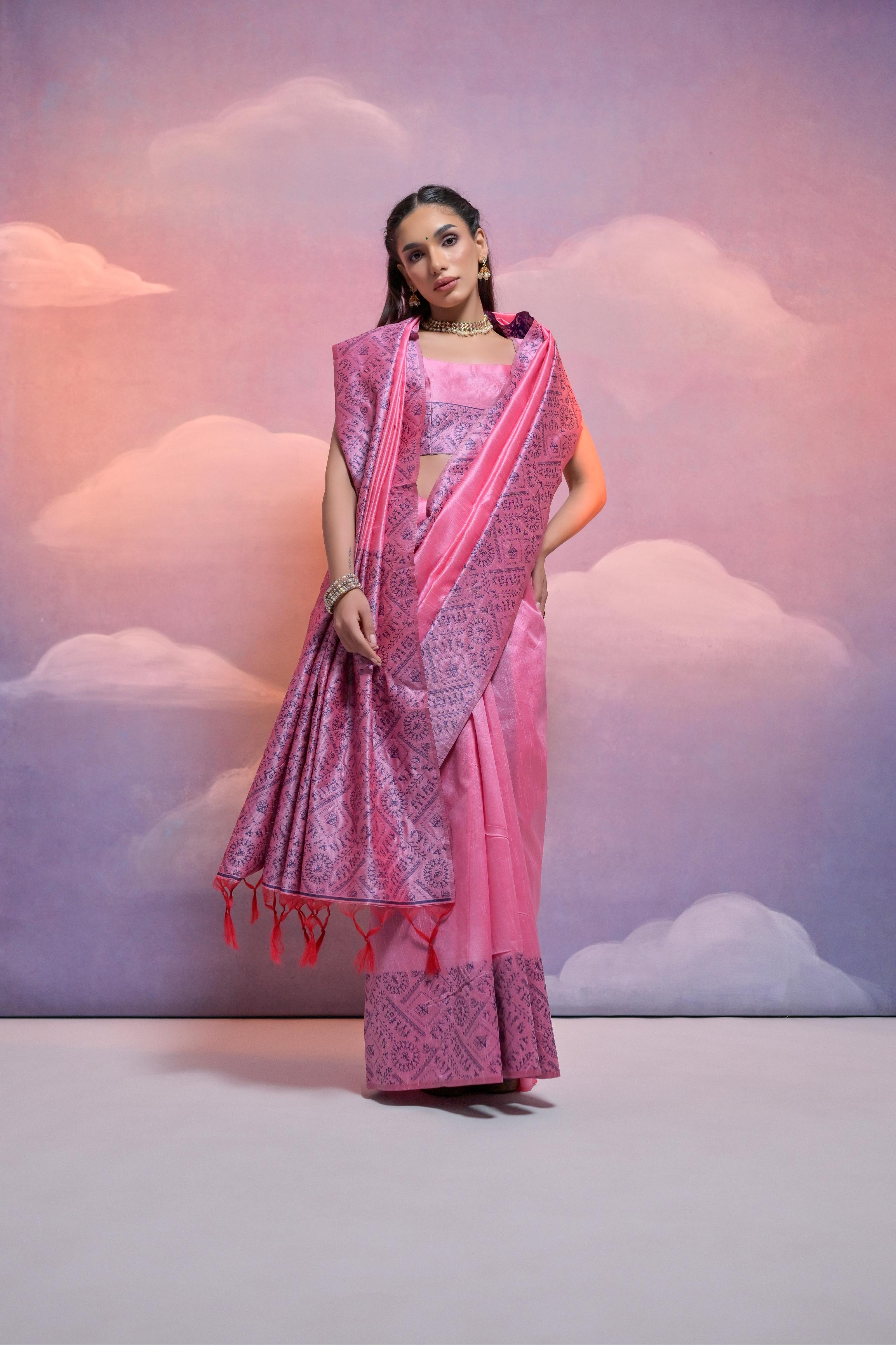 Vsaree Baby Pink Soft Raw Silk  Saree With Antique Design with Contrast Woven Pallu And Contrast Blouse