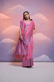 Vsaree Baby Pink Soft Raw Silk  Saree With Antique Design with Contrast Woven Pallu And Contrast Blouse