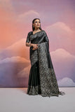 Vsaree Black Soft Raw Silk  Saree With Antique Design with Contrast Woven Pallu And Contrast Blouse