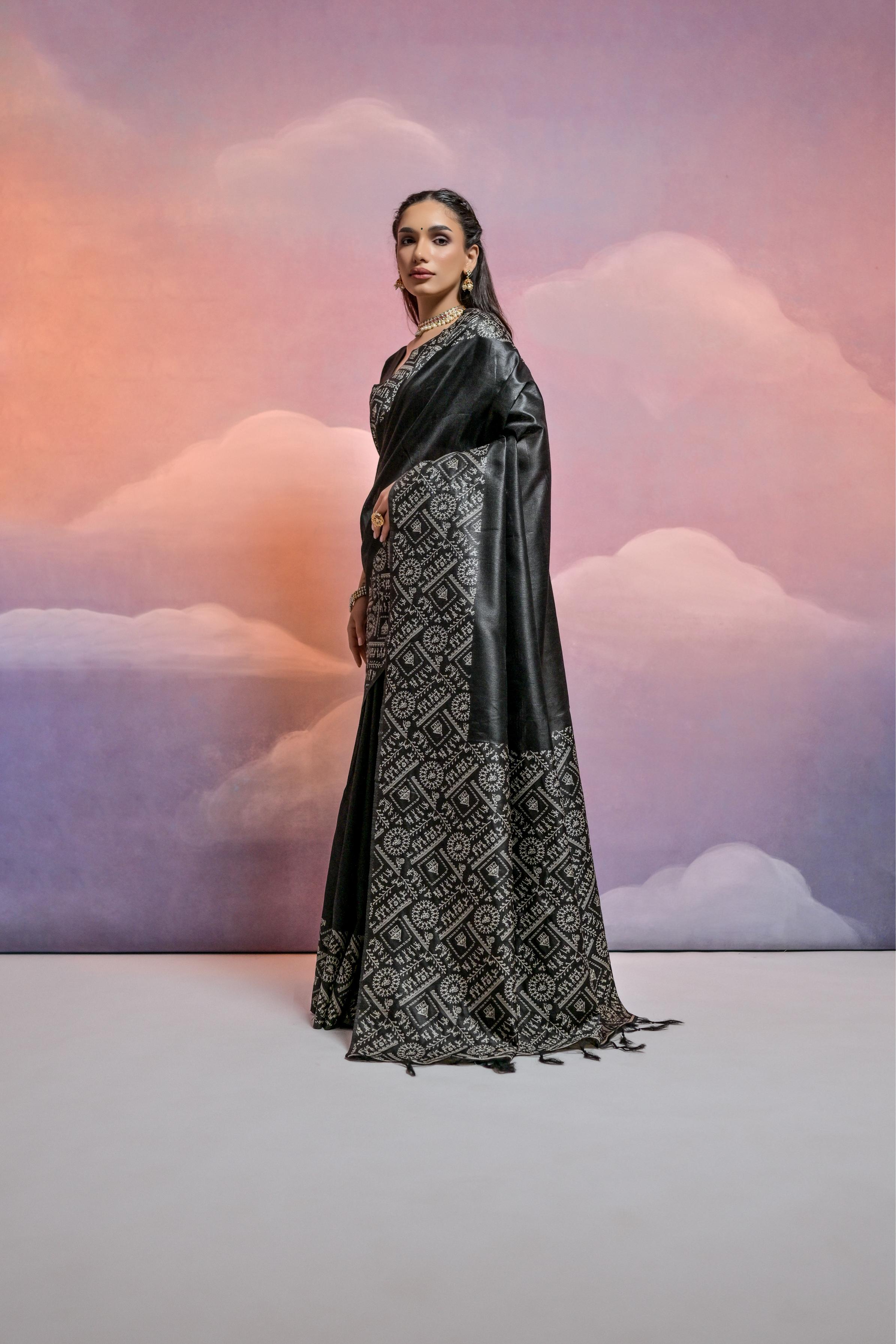 Vsaree Black Soft Raw Silk  Saree With Antique Design with Contrast Woven Pallu And Contrast Blouse