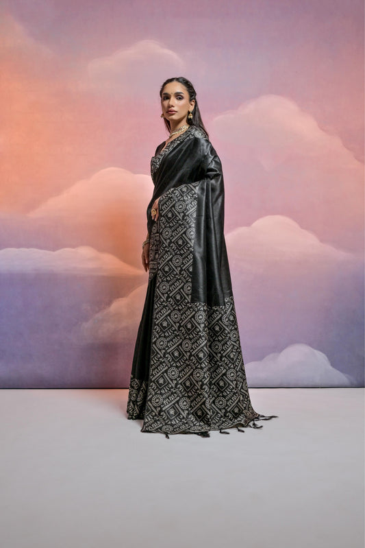 Vsaree Black Soft Raw Silk  Saree With Antique Design with Contrast Woven Pallu And Contrast Blouse