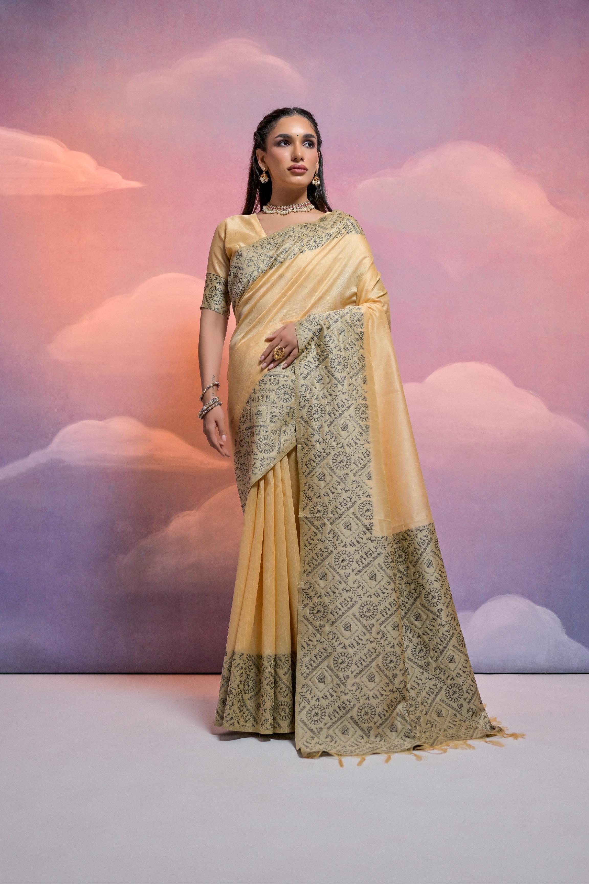 Vsaree Cream Soft Raw Silk  Saree With Antique Design with Contrast Woven Pallu And Contrast Blouse