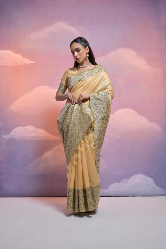 Vsaree Cream Soft Raw Silk  Saree With Antique Design with Contrast Woven Pallu And Contrast Blouse