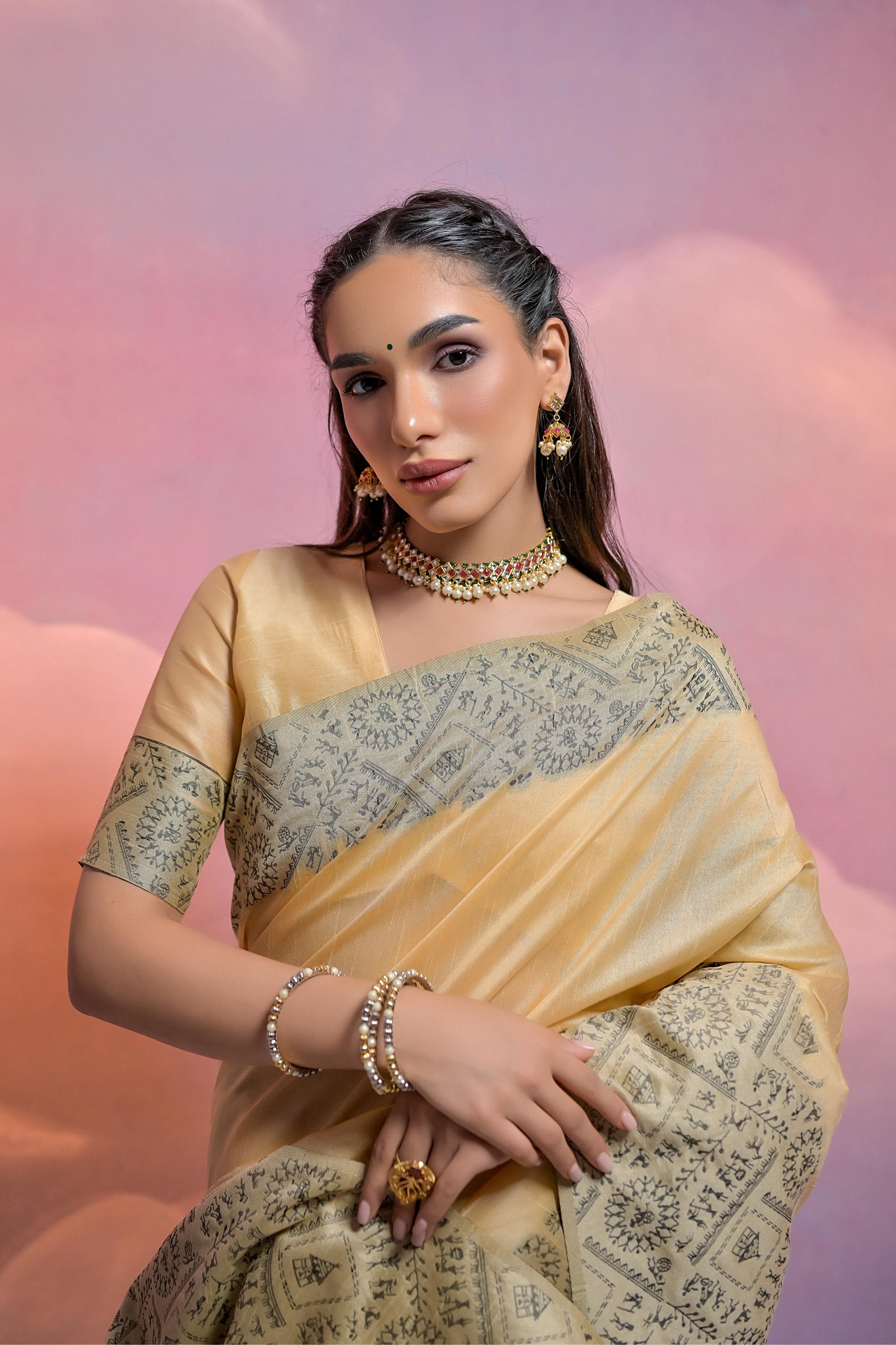 Vsaree Cream Soft Raw Silk  Saree With Antique Design with Contrast Woven Pallu And Contrast Blouse