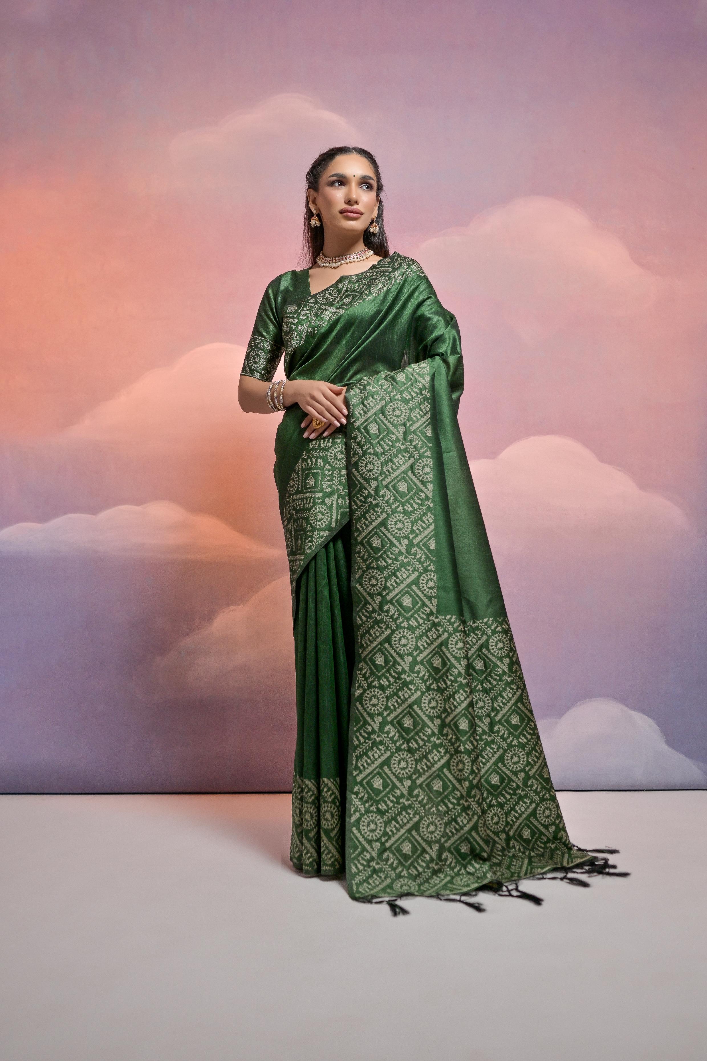 Vsaree Green Soft Raw Silk  Saree With Antique Design with Contrast Woven Pallu And Contrast Blouse