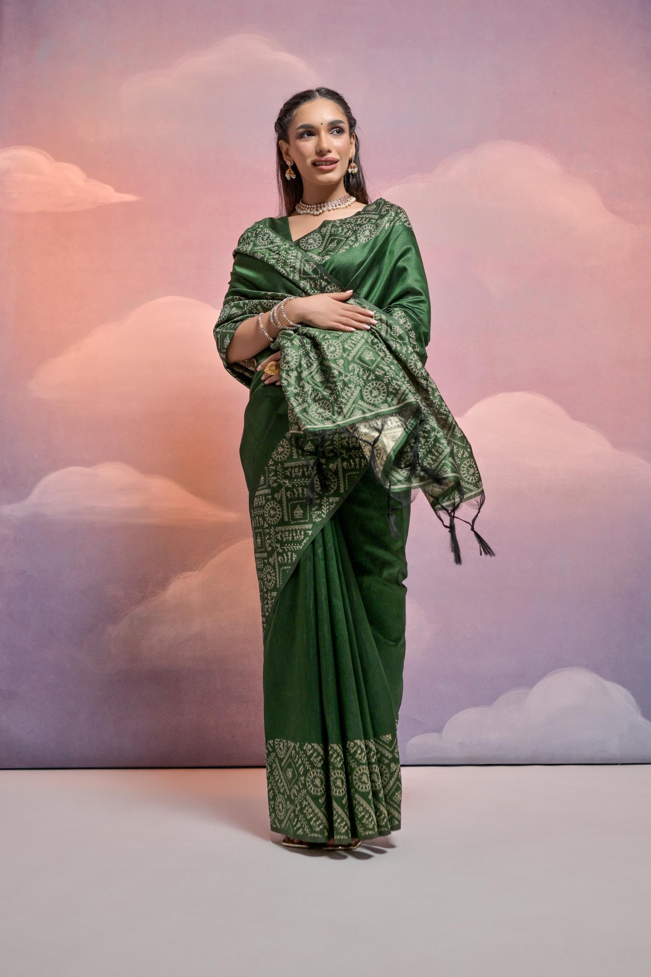 Vsaree Green Soft Raw Silk  Saree With Antique Design with Contrast Woven Pallu And Contrast Blouse