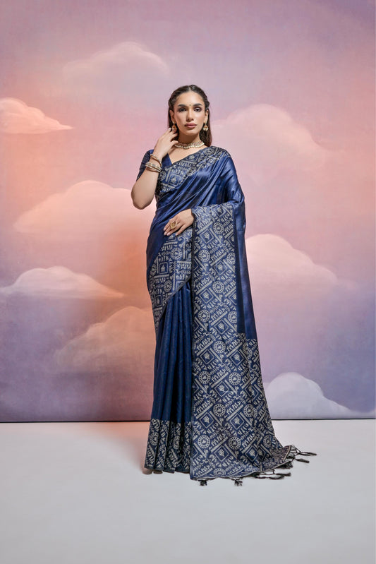 Vsaree Navy Blue Soft Raw Silk  Saree With Antique Design with Contrast Woven Pallu And Contrast Blouse