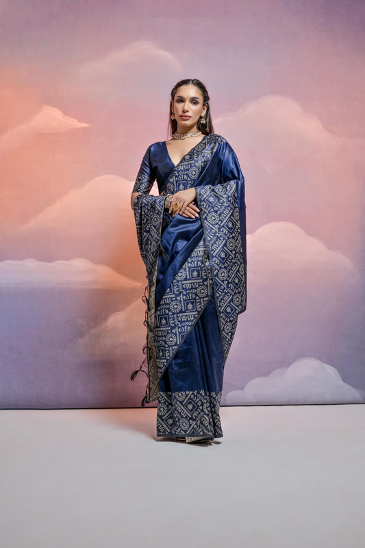 Vsaree Navy Blue Soft Raw Silk  Saree With Antique Design with Contrast Woven Pallu And Contrast Blouse