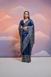 Vsaree Navy Blue Soft Raw Silk  Saree With Antique Design with Contrast Woven Pallu And Contrast Blouse