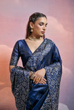 Vsaree Navy Blue Soft Raw Silk  Saree With Antique Design with Contrast Woven Pallu And Contrast Blouse