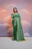 Vsaree Pista Soft Raw Silk  Saree With Antique Design with Contrast Woven Pallu And Contrast Blouse