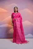 Vsaree Rani Pink Soft Raw Silk  Saree With Antique Design with Contrast Woven Pallu And Contrast Blouse