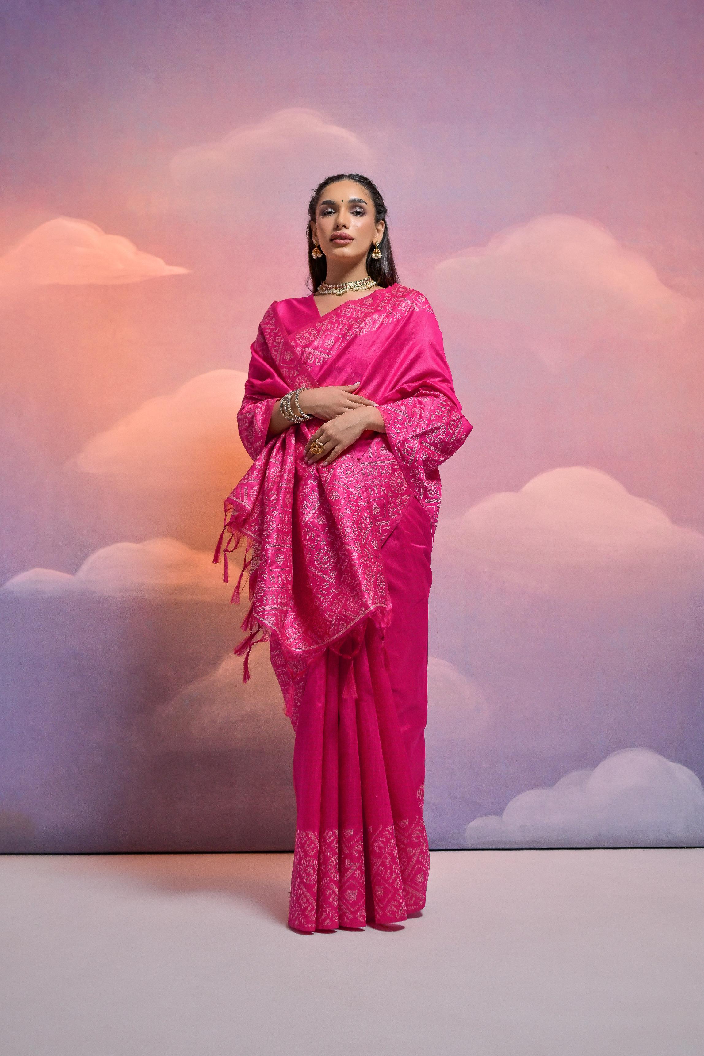 Vsaree Rani Pink Soft Raw Silk  Saree With Antique Design with Contrast Woven Pallu And Contrast Blouse