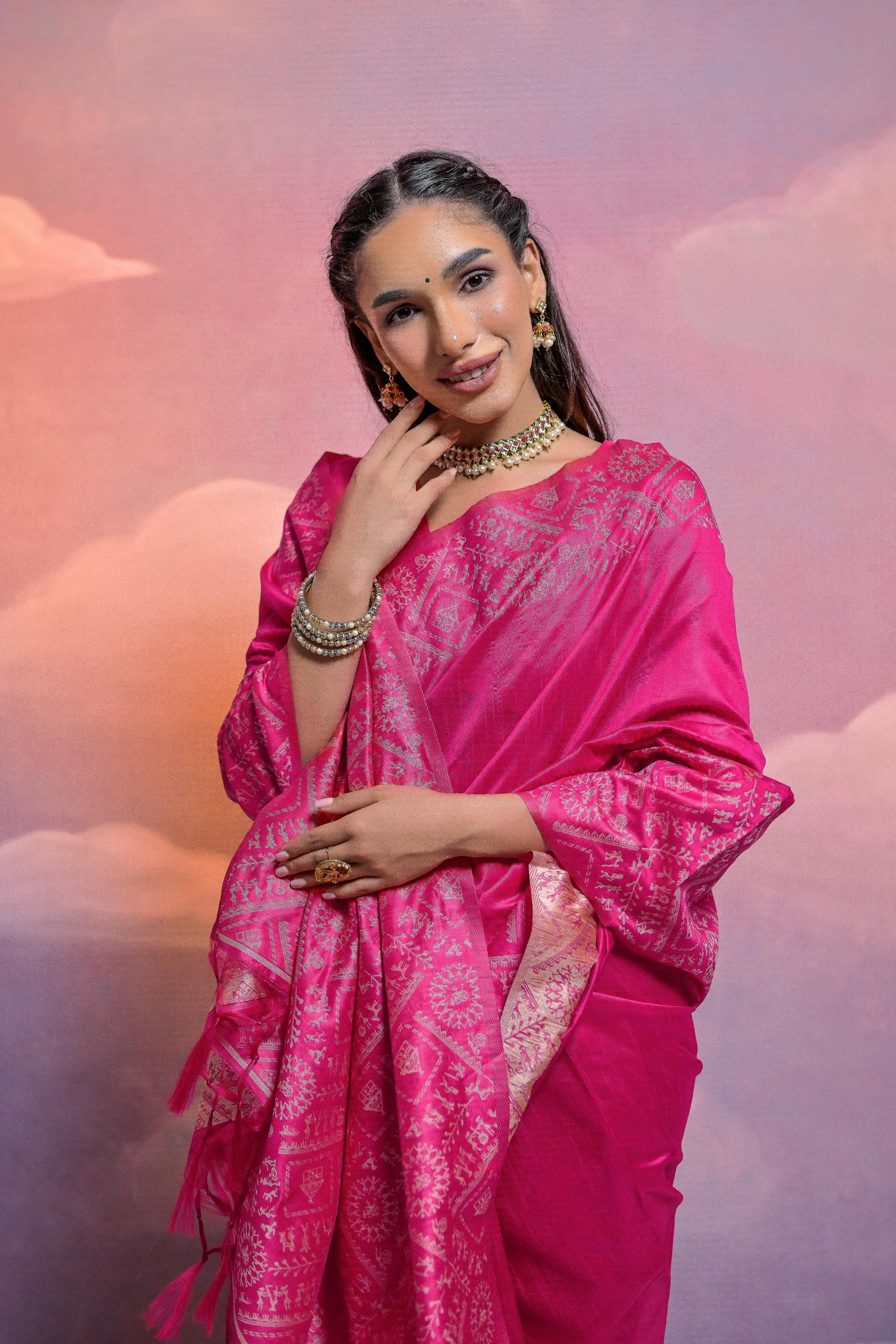 Vsaree Rani Pink Soft Raw Silk  Saree With Antique Design with Contrast Woven Pallu And Contrast Blouse