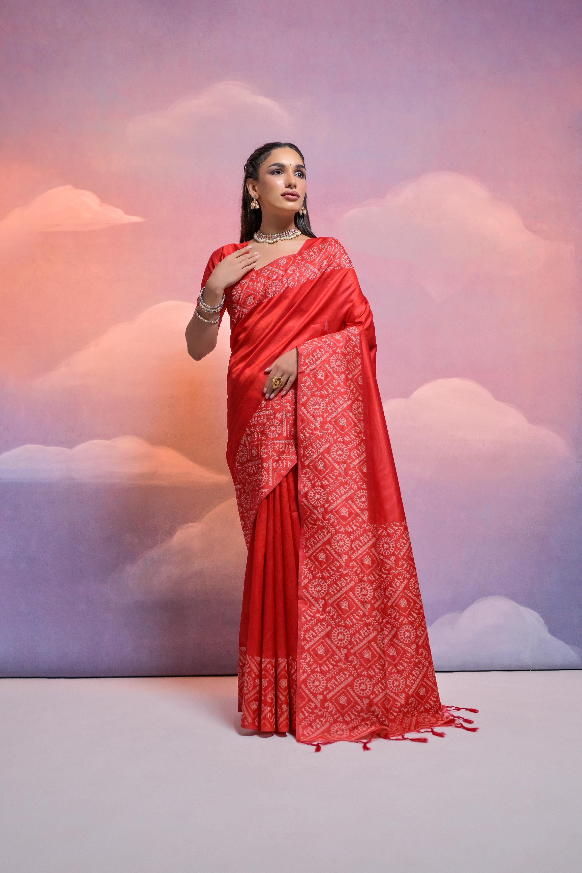 Vsaree Red Soft Raw Silk  Saree With Antique Design with Contrast Woven Pallu And Contrast Blouse