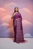 Vsaree Wine Soft Raw Silk  Saree With Antique Design with Contrast Woven Pallu And Contrast Blouse