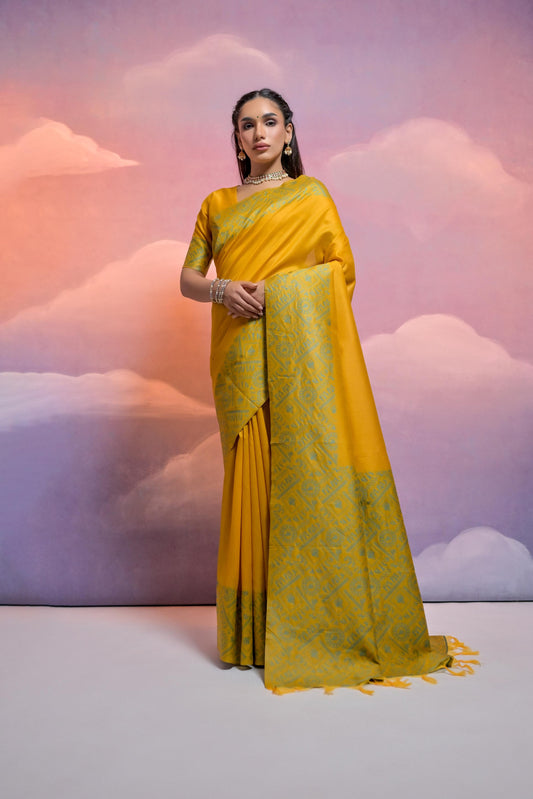 Vsaree Yellow Soft Raw Silk  Saree With Antique Design with Contrast Woven Pallu And Contrast Blouse