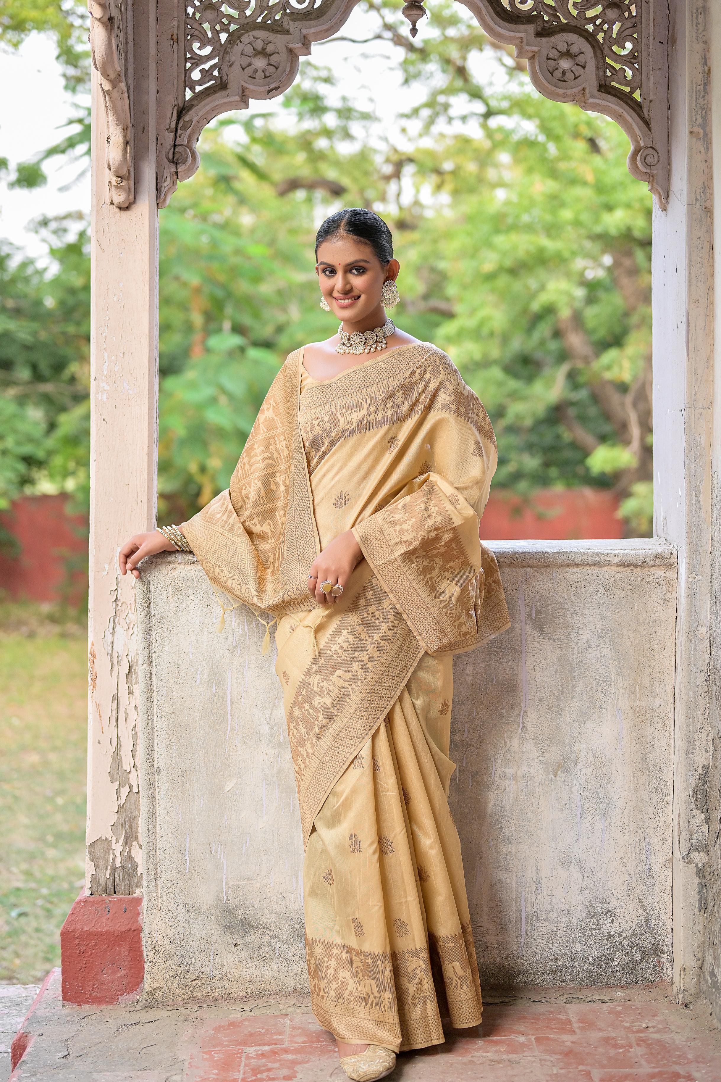 Vsaree Cream Raw Silk Saree With All over weaving Butties And weving pallu and Blouse