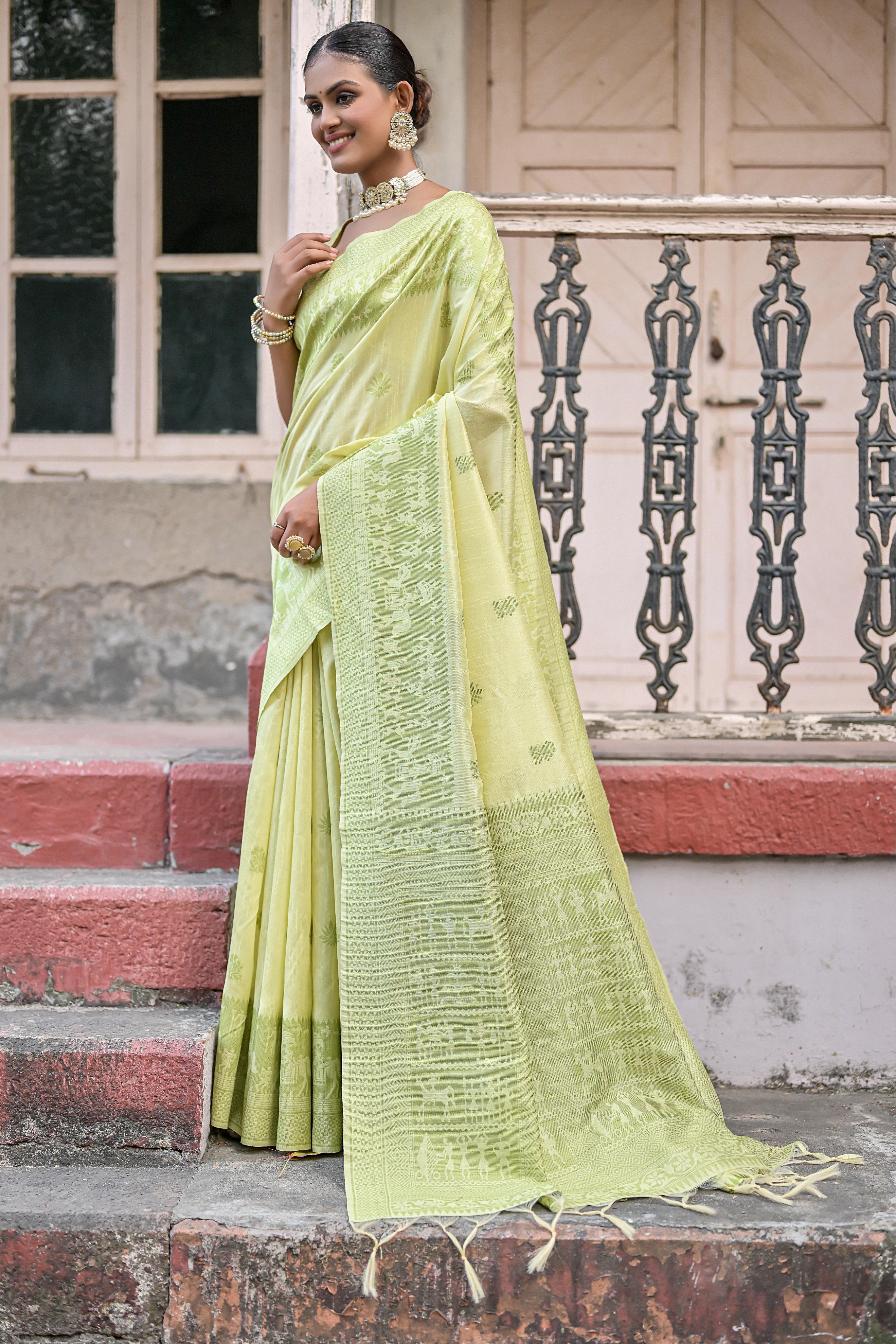 Vsaree Mehendi Raw Silk Saree With All over weaving Butties And weving pallu and Blouse