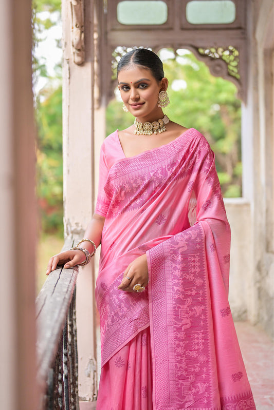 Vsaree Pink Raw Silk Saree With All over weaving Butties And weving pallu and Blouse