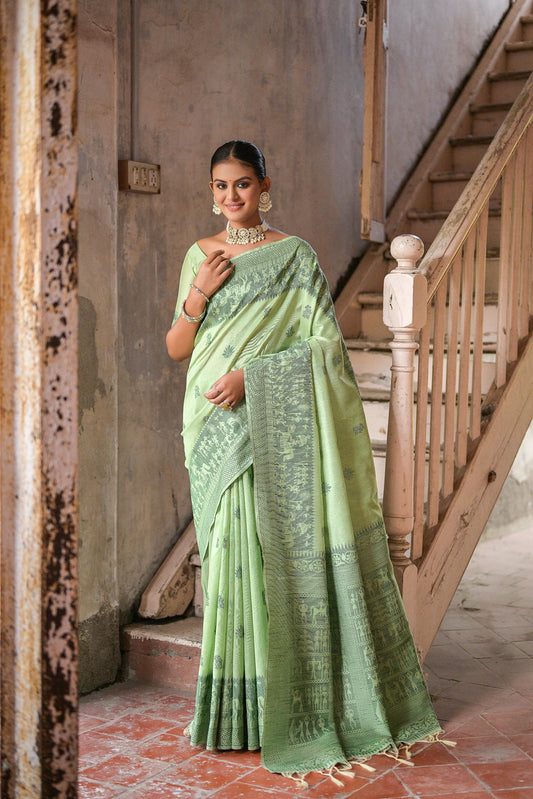 Vsaree Pista Raw Silk Saree With All over weaving Butties And weving pallu and Blouse