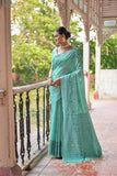 Vsaree Sea Green Raw Silk Saree With All over weaving Butties And weving pallu and Blouse