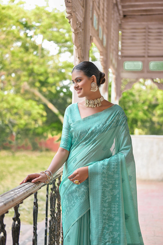 Vsaree Sea Green Raw Silk Saree With All over weaving Butties And weving pallu and Blouse