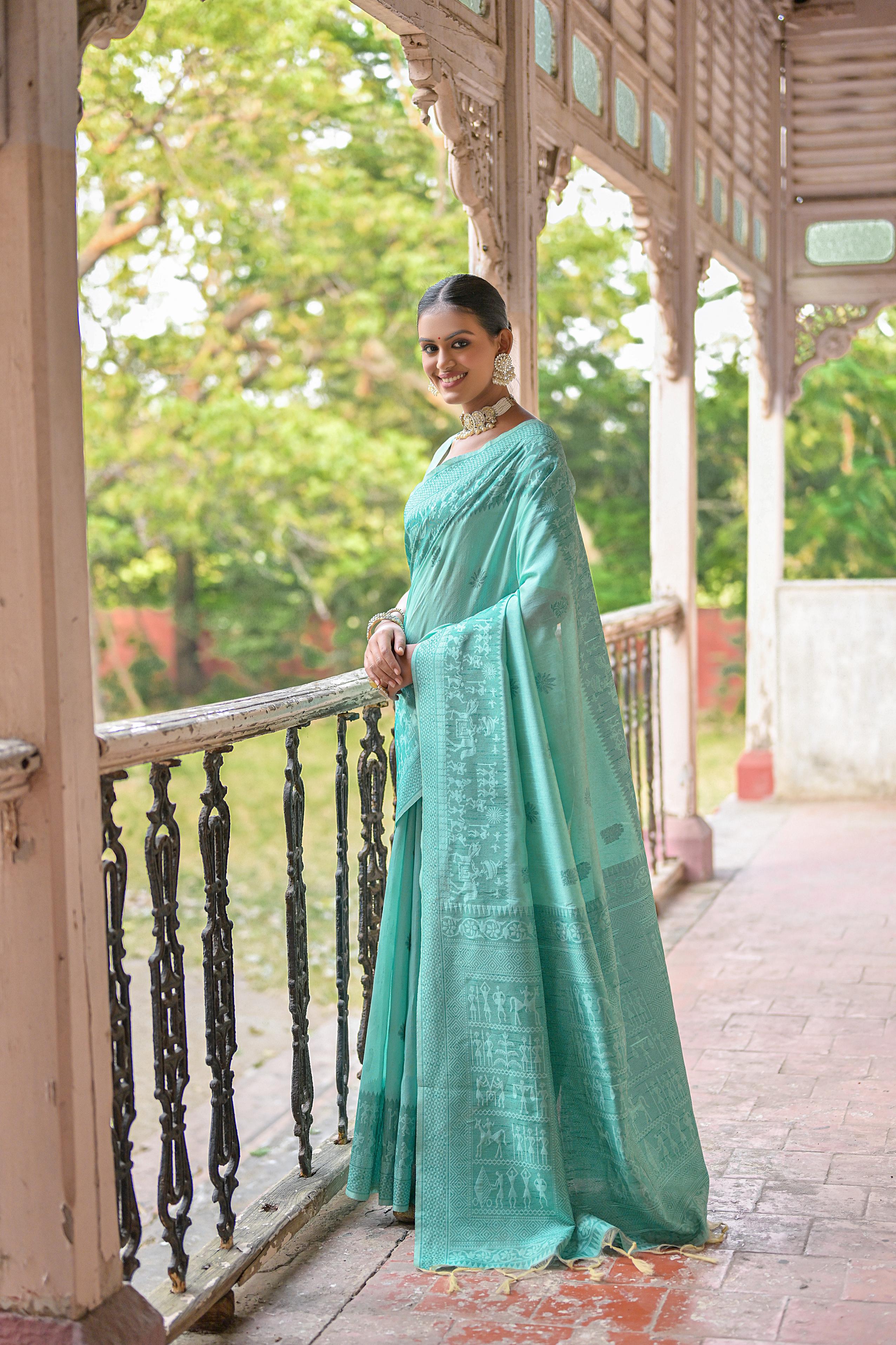 Vsaree Sea Green Raw Silk Saree With All over weaving Butties And weving pallu and Blouse