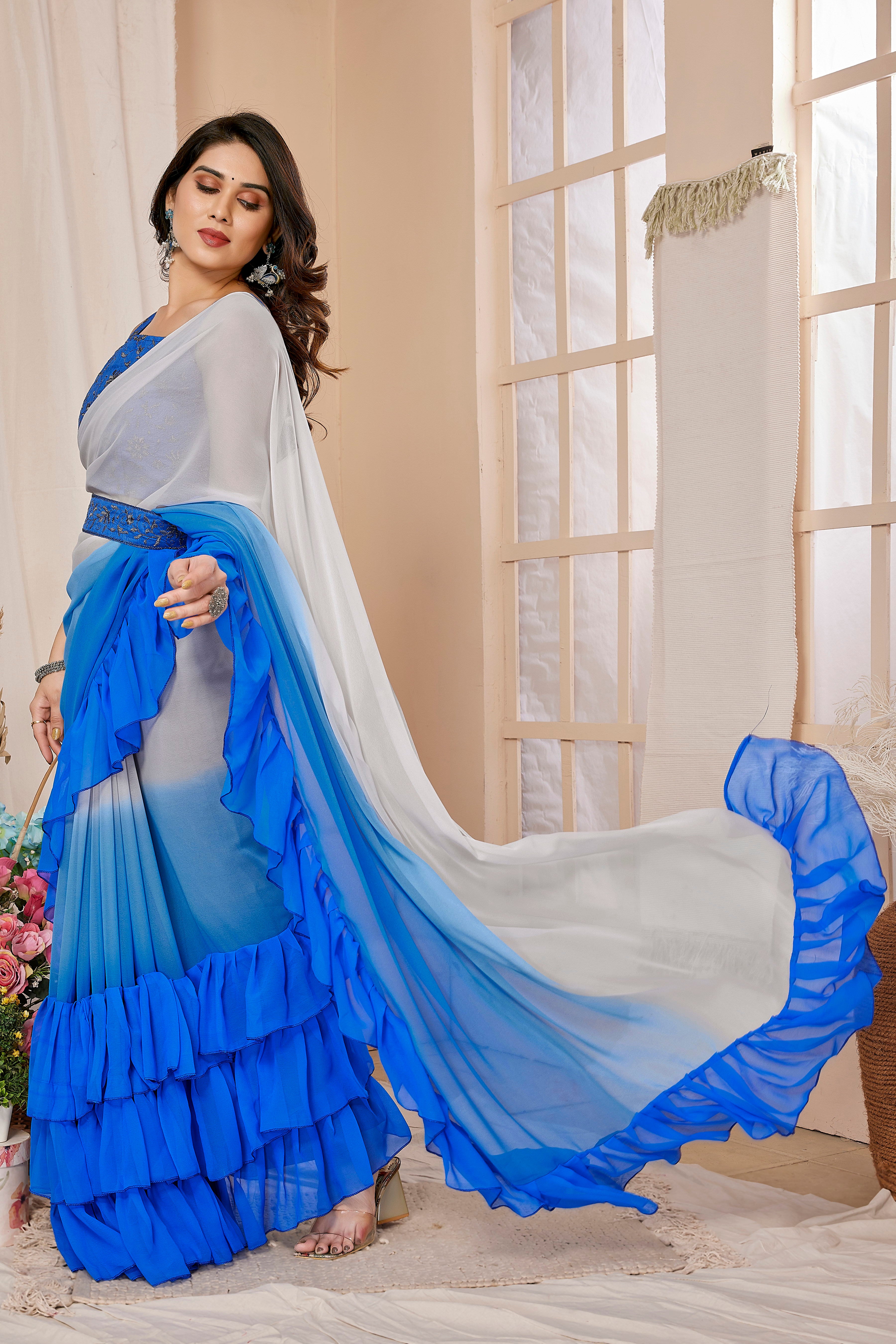 Vsaree Blue Georgette Pre-Stitched  Saree And Havy Rich Pallu With Blouse piece