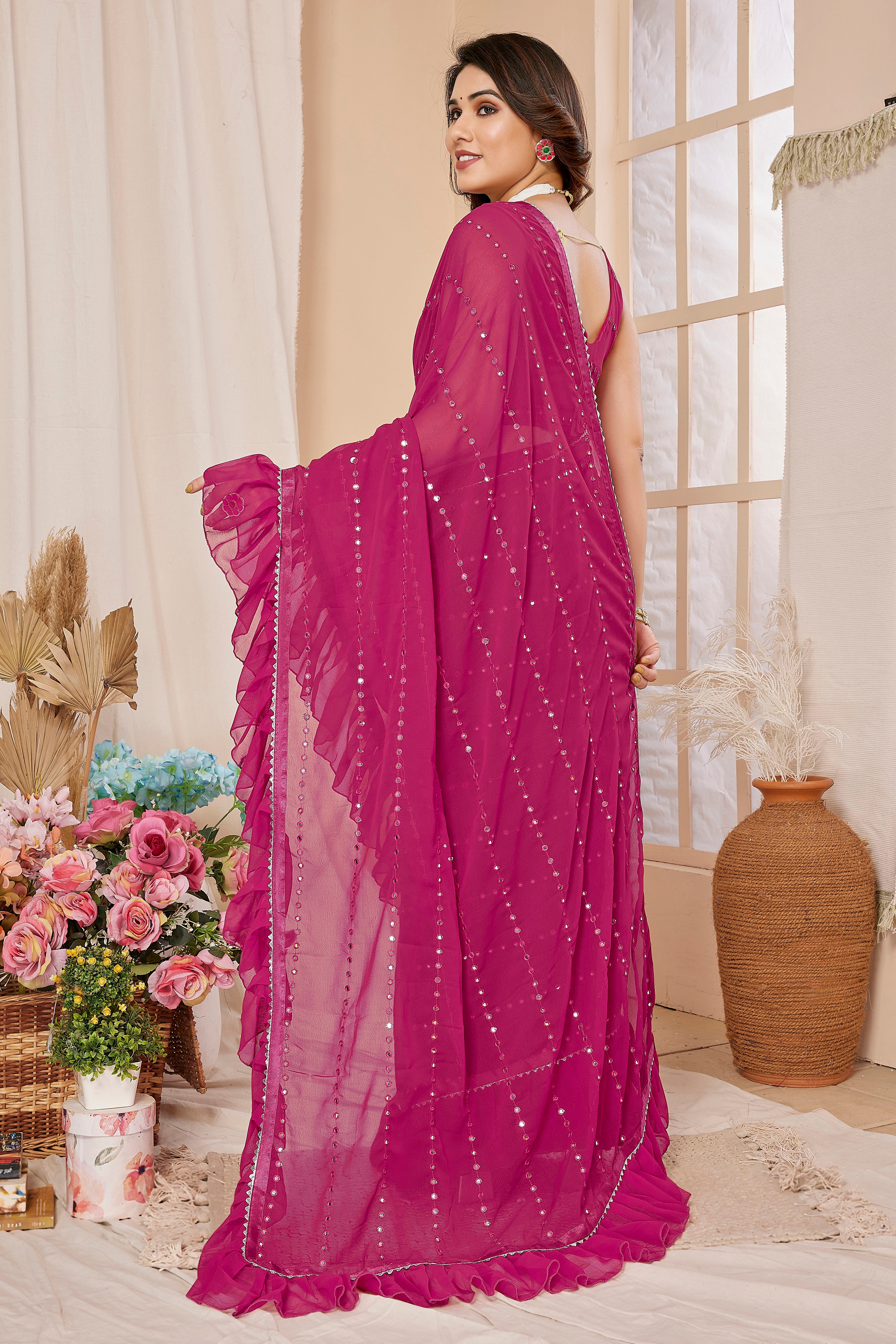 Vsaree Pink Benglory Pre-Stitched  Saree And Havy Rich Pallu With Blouse piece