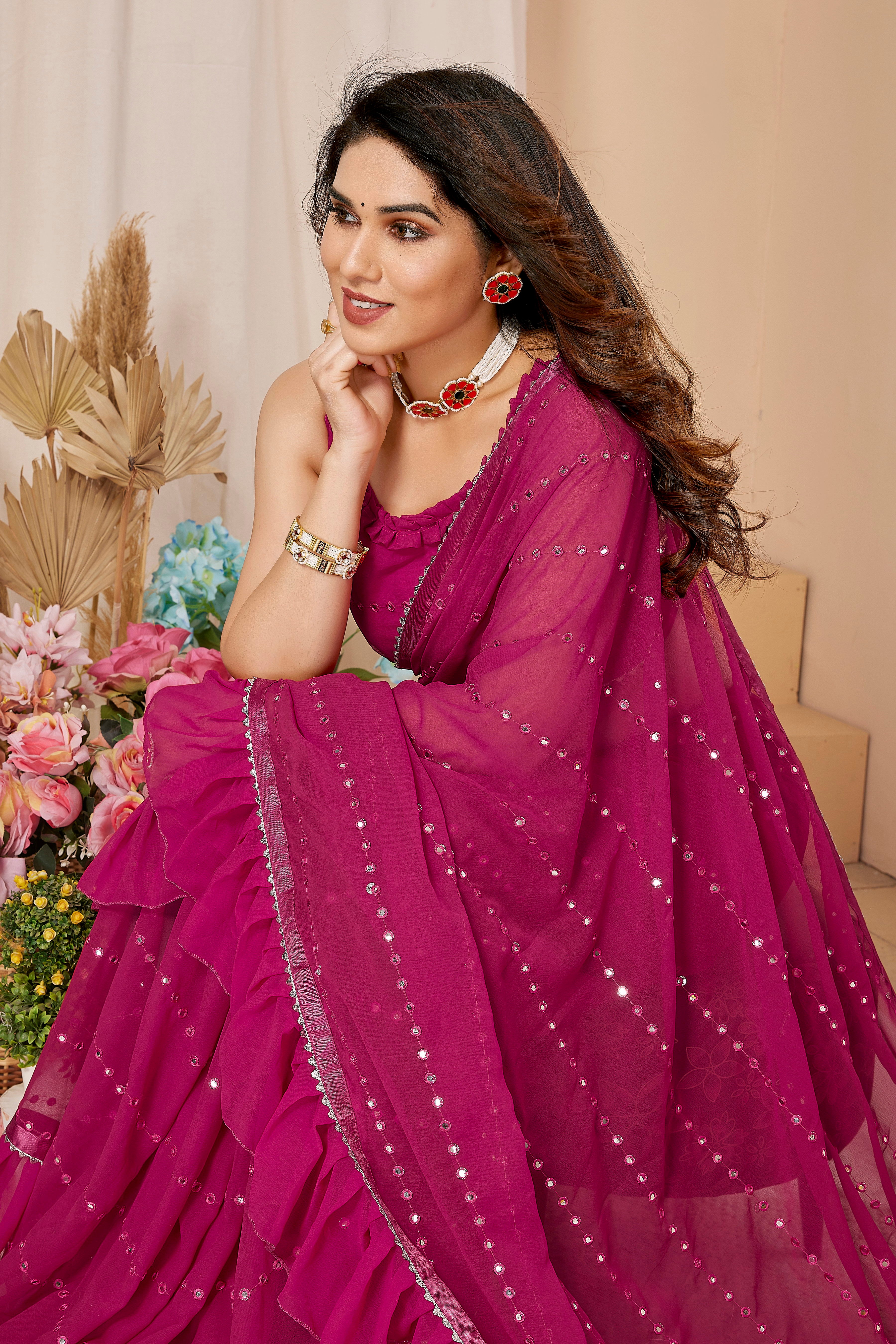 Vsaree Pink Benglory Pre-Stitched  Saree And Havy Rich Pallu With Blouse piece