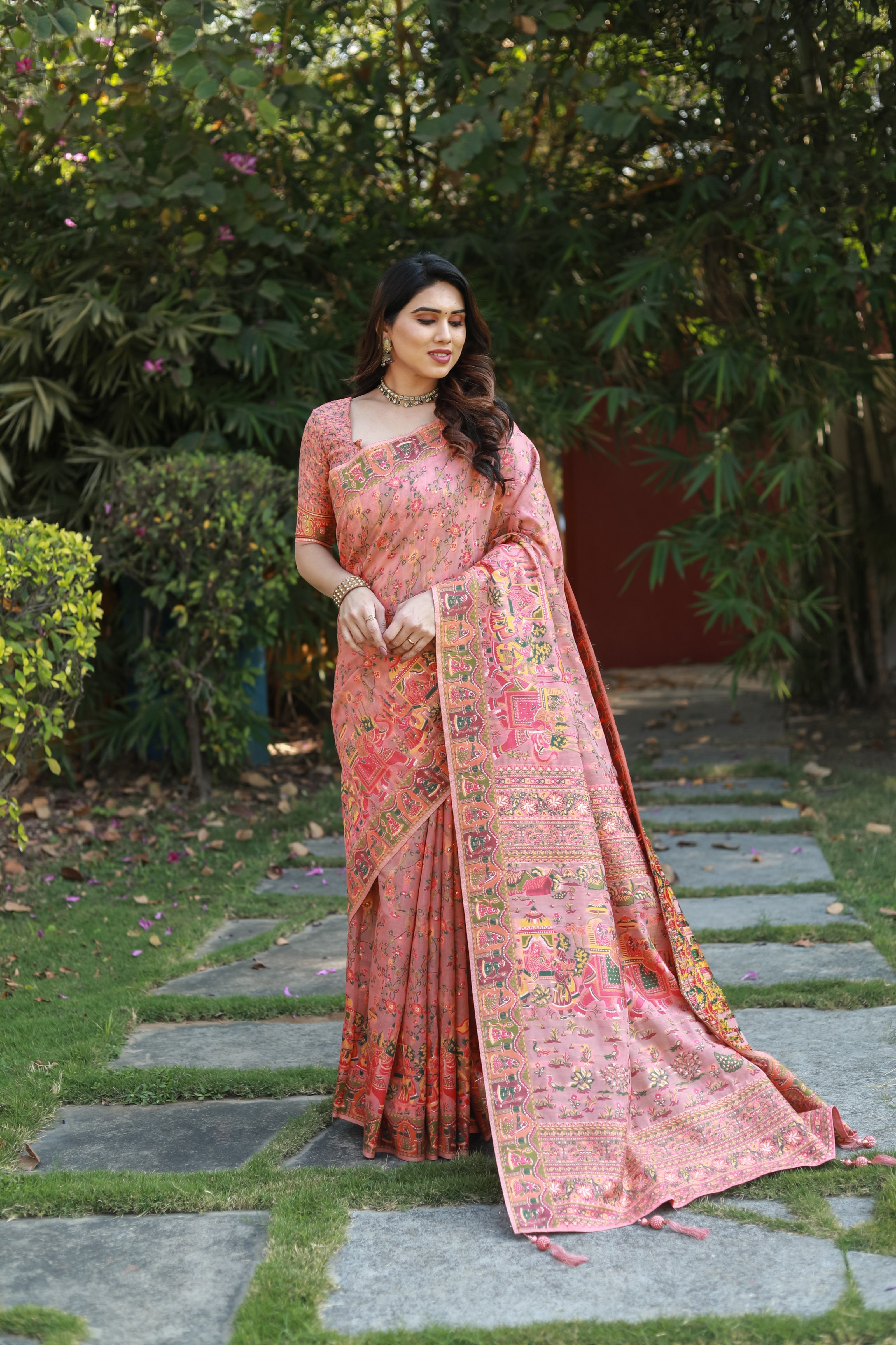 Pashmina Weaving Soft Cotton Silk With Heavy Border And Designer Saree And Blouse