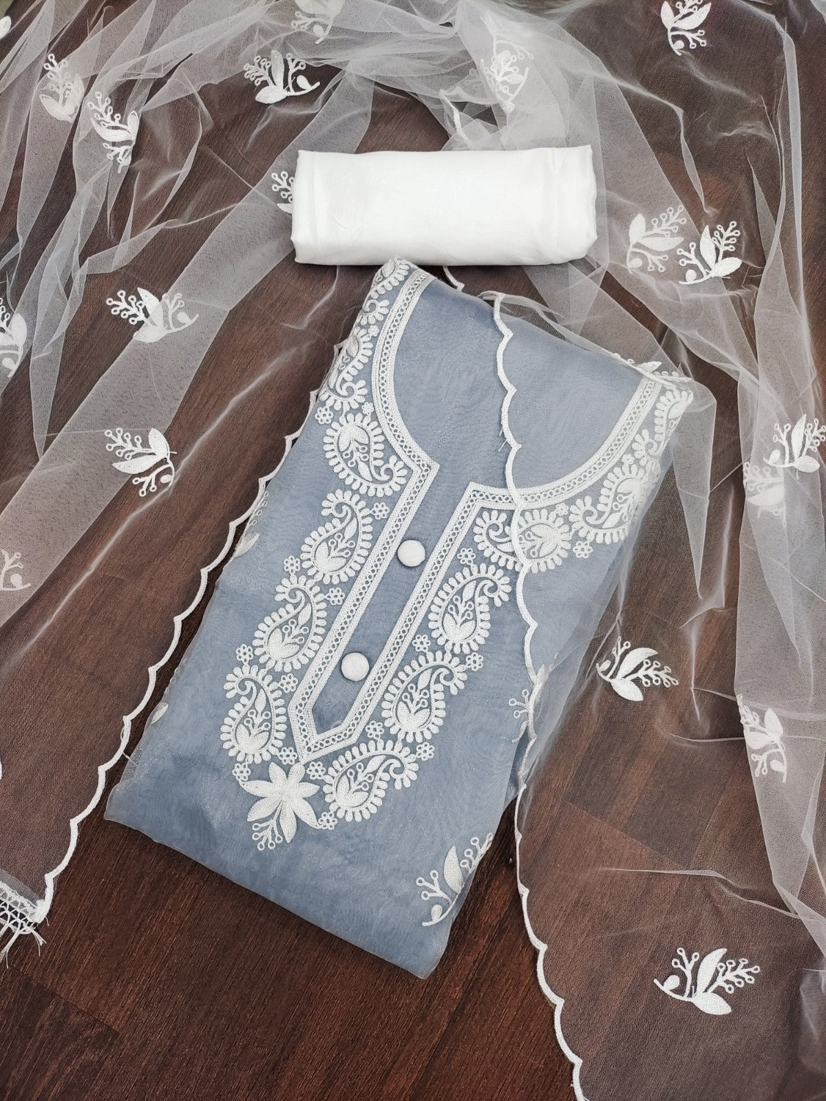 Zooara Grey Color Tissue Silk Embroidery White Thread Dress Matrials With Bottom And Dupatta