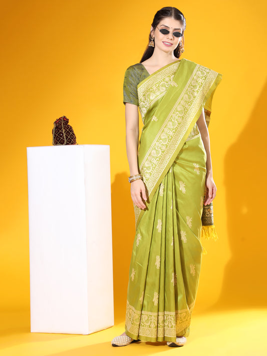 Vsaree Mahendi Soft Raw Silk  saree With Antique Design with Contrast Woven Pallu And Contrast Blouse