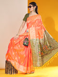 Vsaree Orange Soft Raw Silk  Saree With Antique Design with Contrast Woven Pallu And Contrast Blouse