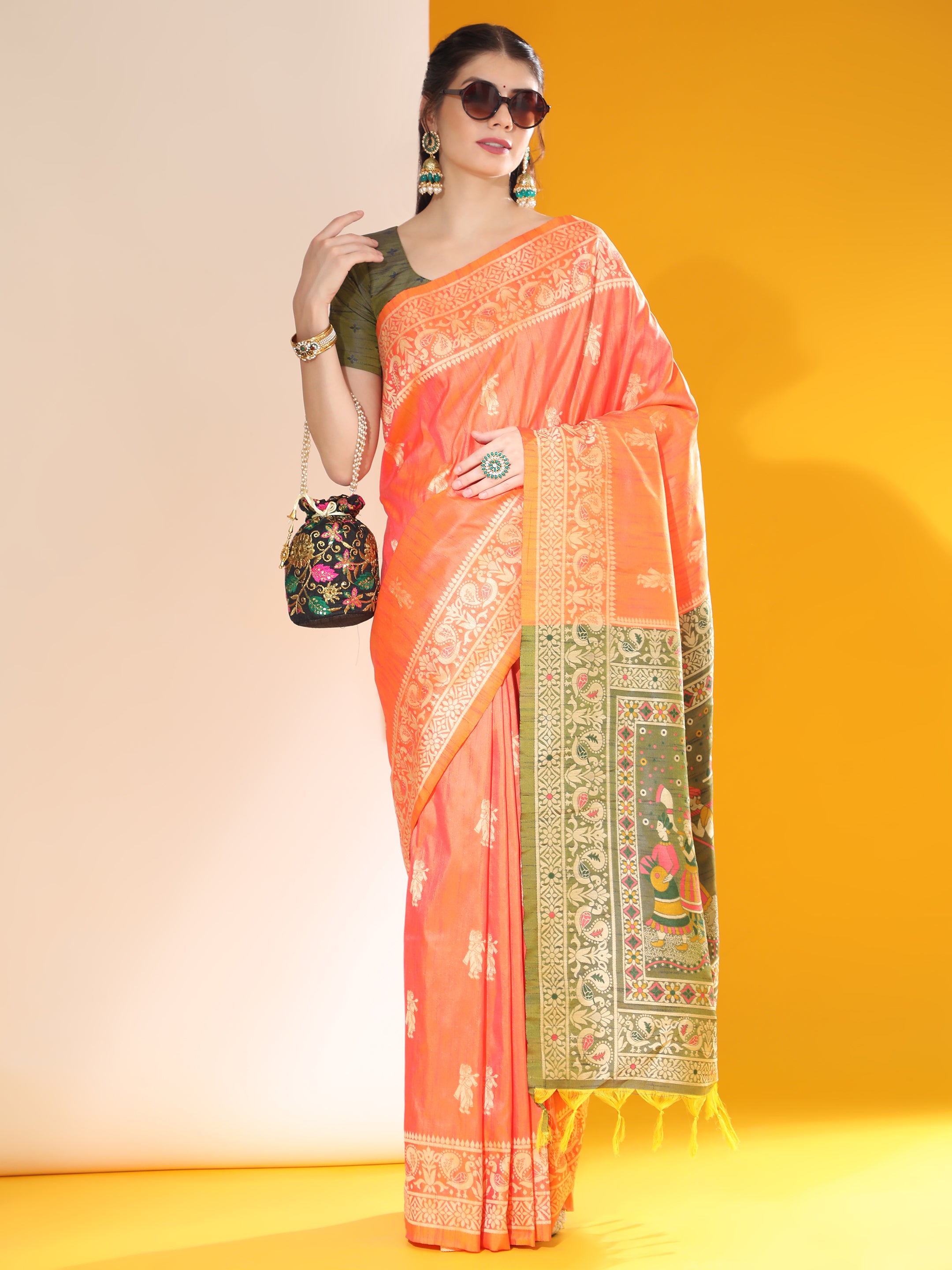 Vsaree Orange Soft Raw Silk  Saree With Antique Design with Contrast Woven Pallu And Contrast Blouse