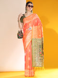 Vsaree Orange Soft Raw Silk  Saree With Antique Design with Contrast Woven Pallu And Contrast Blouse