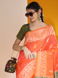 Vsaree Orange Soft Raw Silk  Saree With Antique Design with Contrast Woven Pallu And Contrast Blouse