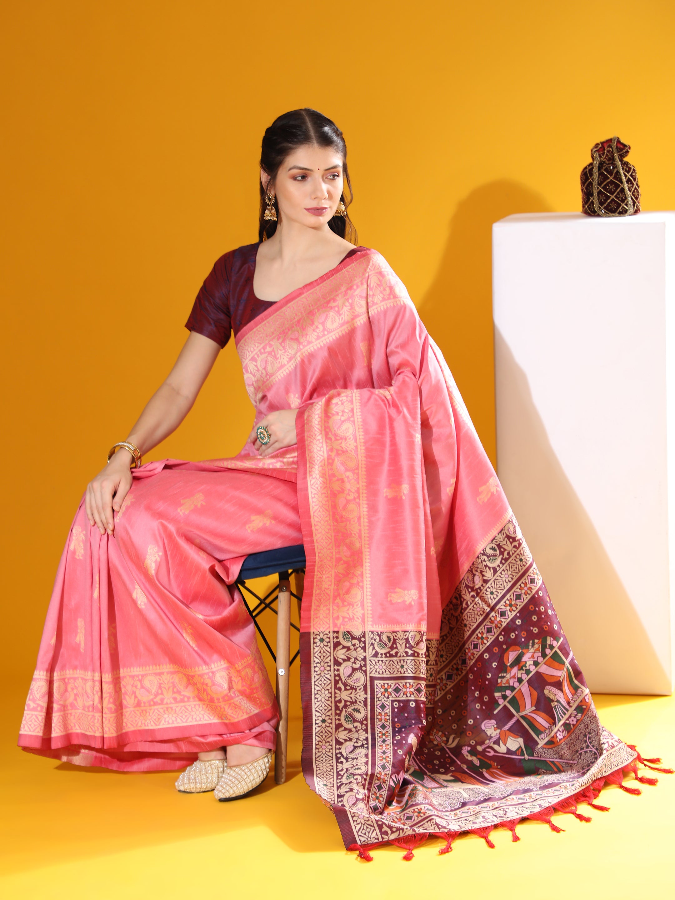 Vsaree Pink Soft Raw Silk  Saree With Antique Design with Contrast Woven Pallu And Contrast Blouse