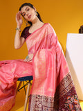 Vsaree Pink Soft Raw Silk  Saree With Antique Design with Contrast Woven Pallu And Contrast Blouse