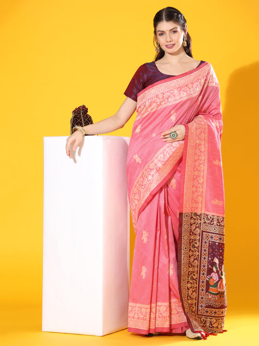 Vsaree Pink Soft Raw Silk  Saree With Antique Design with Contrast Woven Pallu And Contrast Blouse