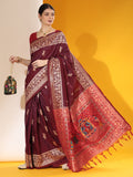 Vsaree Wine Soft Raw Silk  Saree With Antique Design with Contrast Woven Pallu And Contrast Blouse