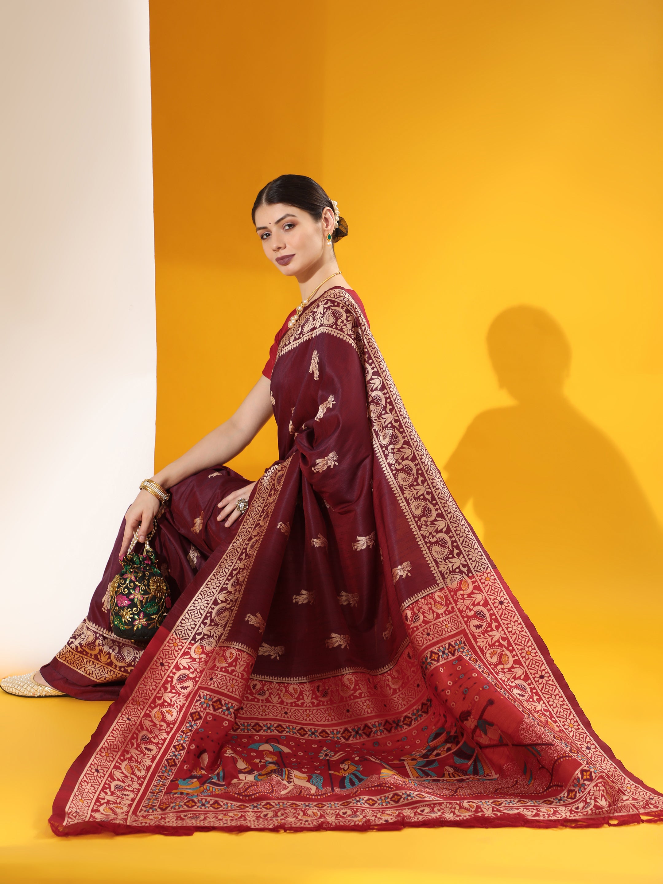 Vsaree Wine Soft Raw Silk  Saree With Antique Design with Contrast Woven Pallu And Contrast Blouse