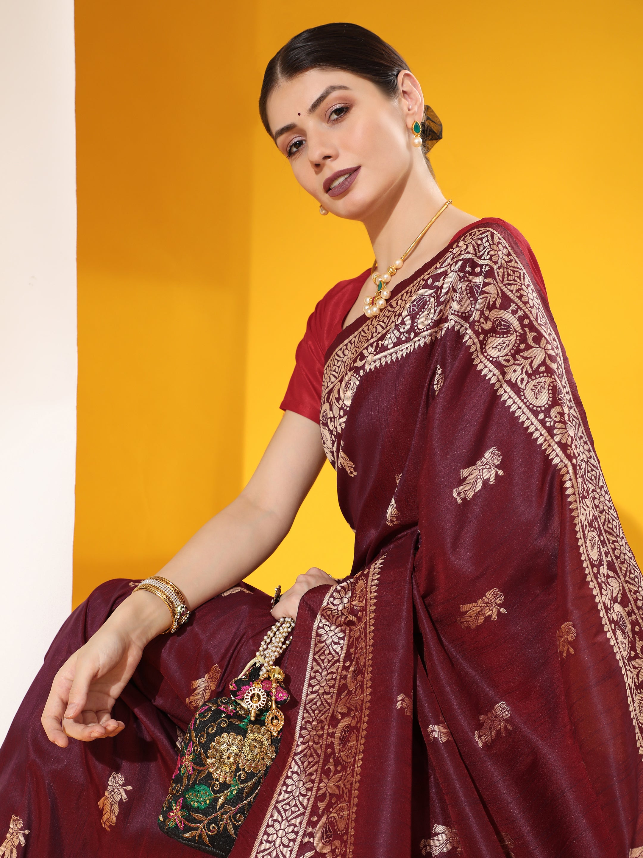 Vsaree Wine Soft Raw Silk  Saree With Antique Design with Contrast Woven Pallu And Contrast Blouse