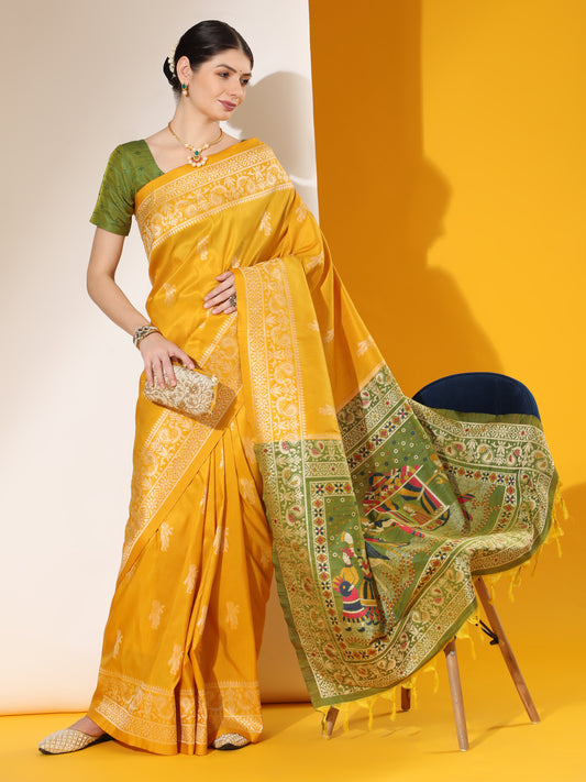 Vsaree Yellow Soft Raw Silk  Saree With Antique Design with Contrast Woven Pallu And Contrast Blouse