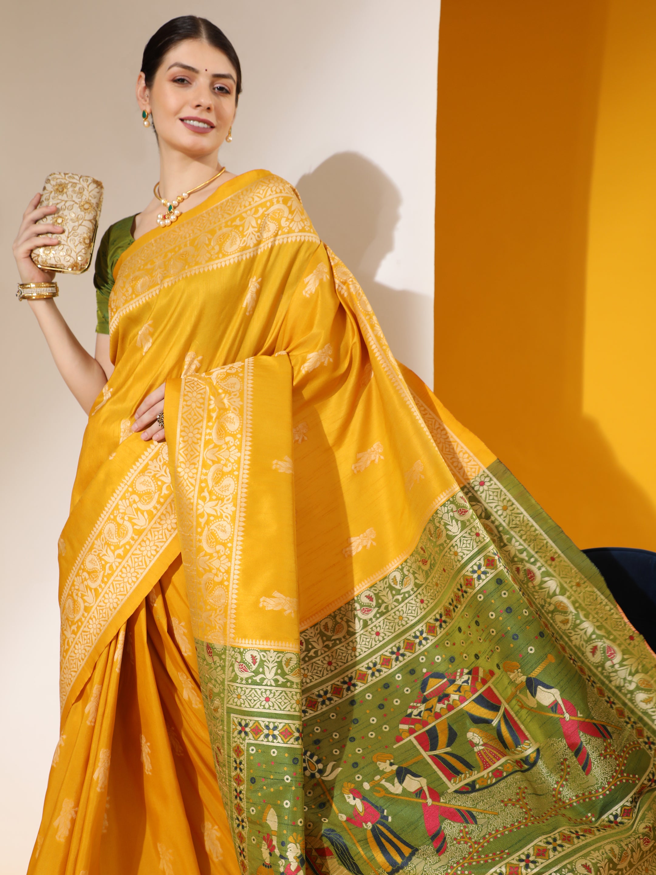 Vsaree Yellow Soft Raw Silk  Saree With Antique Design with Contrast Woven Pallu And Contrast Blouse