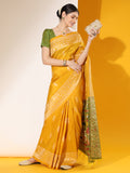 Vsaree Yellow Soft Raw Silk  Saree With Antique Design with Contrast Woven Pallu And Contrast Blouse