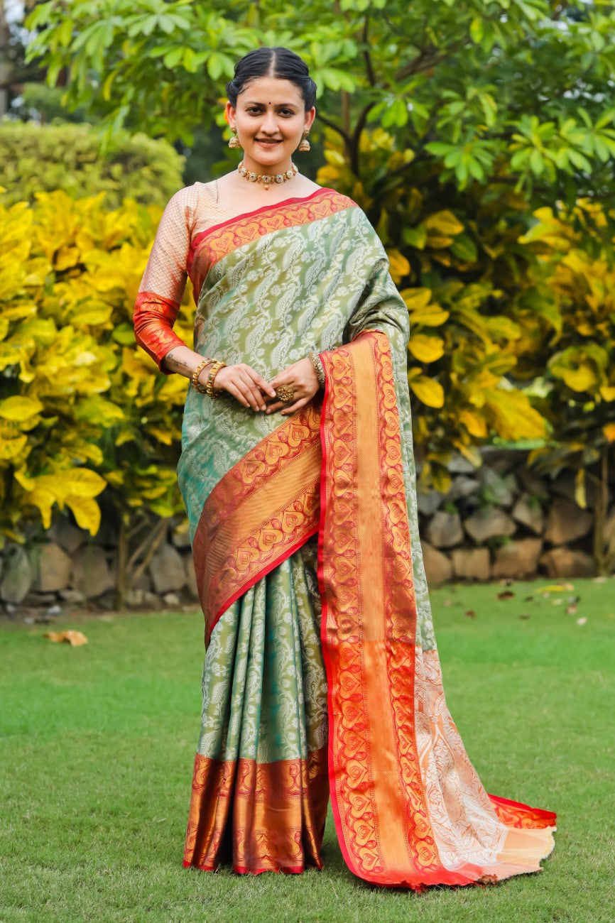 Designer Banarasi Design Soft Silk Saree With Pure Golden Zari Border And Blouse