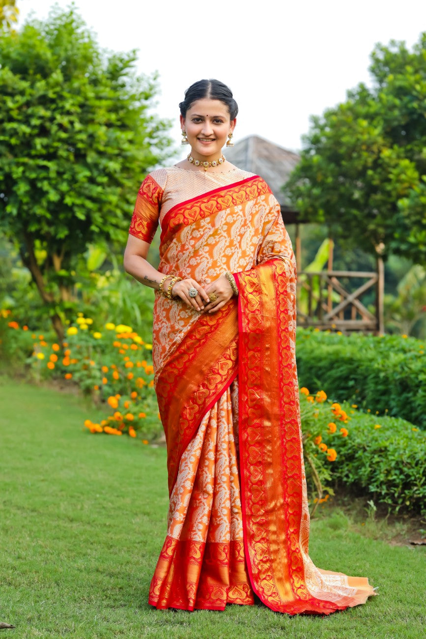 Designer Banarasi Design Soft Silk Saree With Pure Golden Zari Border And Blouse