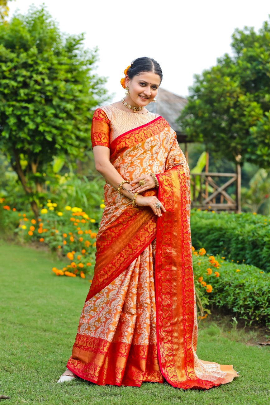 Designer Banarasi Design Soft Silk Saree With Pure Golden Zari Border And Blouse